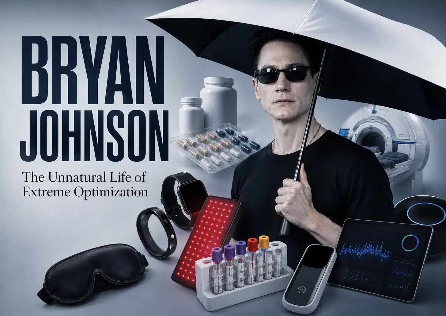 A ghost-pale Bryan Johnson, hiding under an umbrella and wearing sunglasses, surrounded by pills and gadgets.