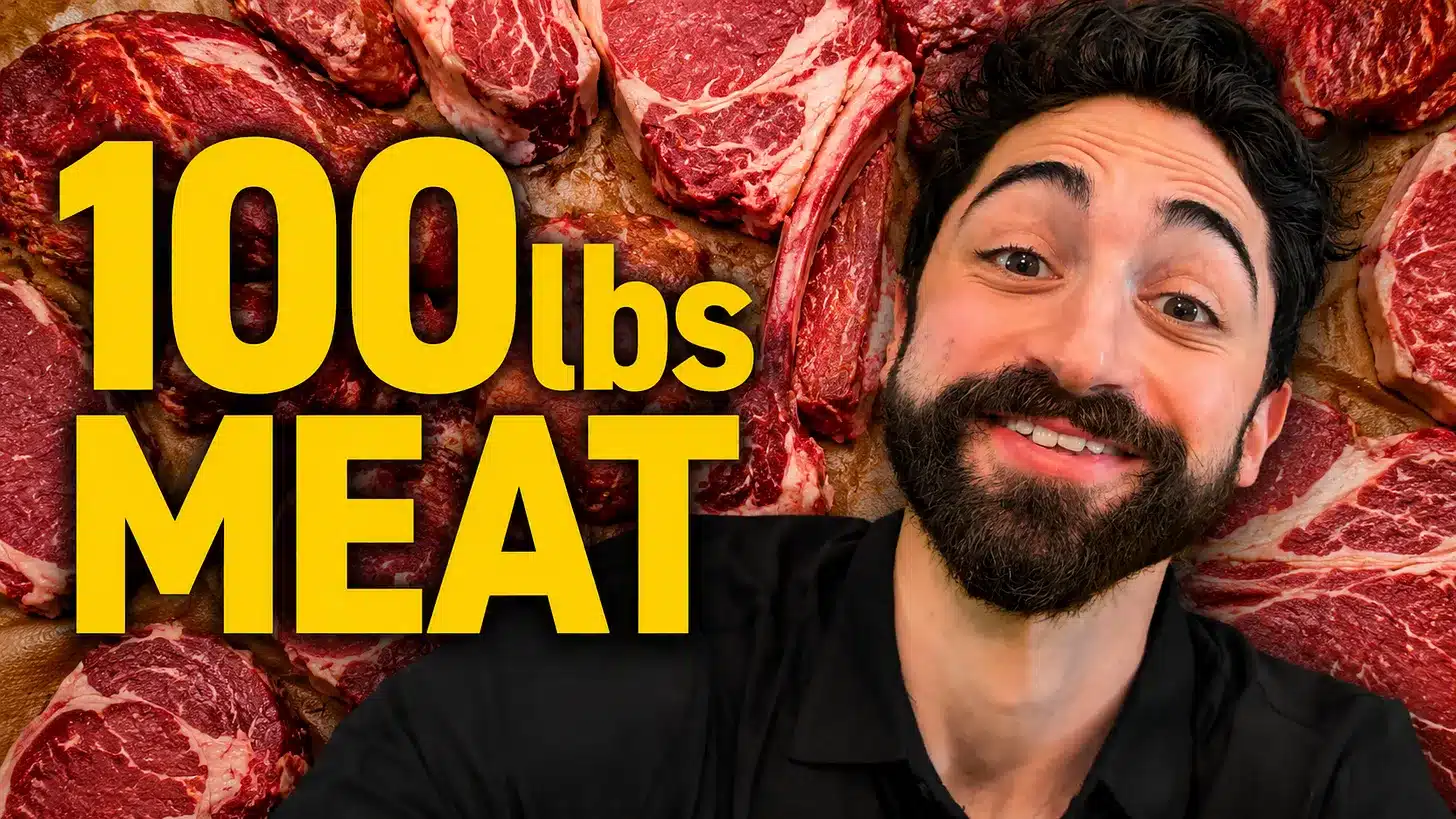 Nick Norwitz laying on steaks with text "100lbs Meat"